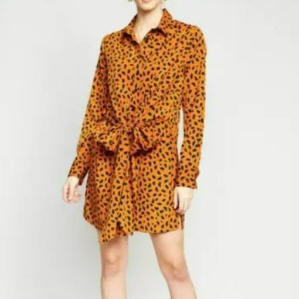 Tie Front Button Down Shirtdress Animal Print Long Sleeve Mini - The Good Jane